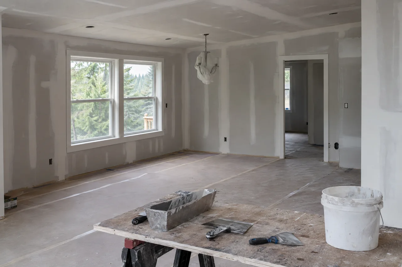 Unpainted drywall with compound along wall and ceiling joints and fasteners.