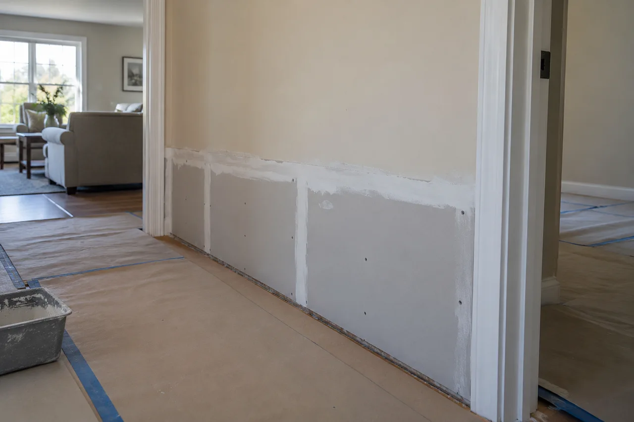 Replacement drywall along the lower walls, with the upper wall finish retained.